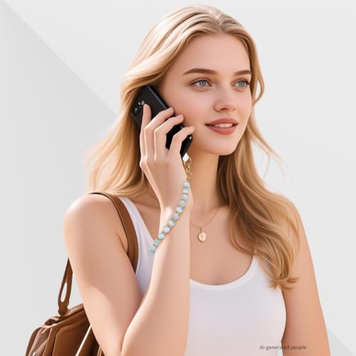 Marble Beaded Phone Wrist Strap for Women, Detachable Design - color: Blue White Jade