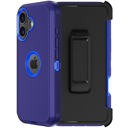 for iPhone 16 Phone Case, Military Grade Drop Protection Cell Phone Cover with Belt Clip Holster Stand, Screen Protector x2 Rugged Shockproof Kickstand for iPhone 16 Case 6.1 inch (Blue) - color: Blue