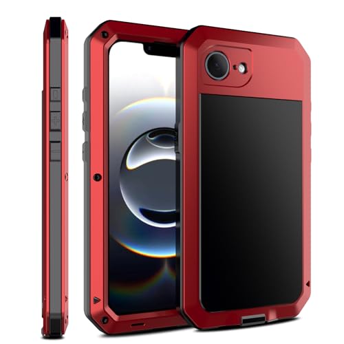 for iPhone 16E Metal Case,Heavy Duty Shockproof Aluminum Alloy Tough Armour Military Grade Phone Case for iPhone 17E,Full Body Protective Cover with Silicone Built-in Screen Protector-Red - color: Red