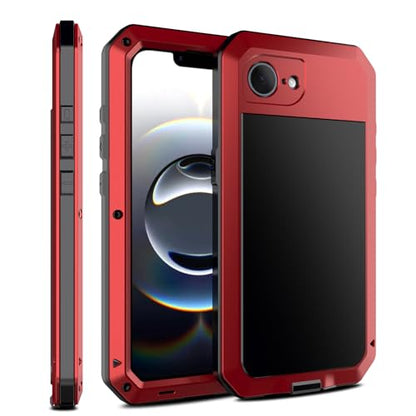 for iPhone 16E Metal Case,Heavy Duty Shockproof Aluminum Alloy Tough Armour Military Grade Phone Case for iPhone 17E,Full Body Protective Cover with Silicone Built-in Screen Protector-Red - color: Red