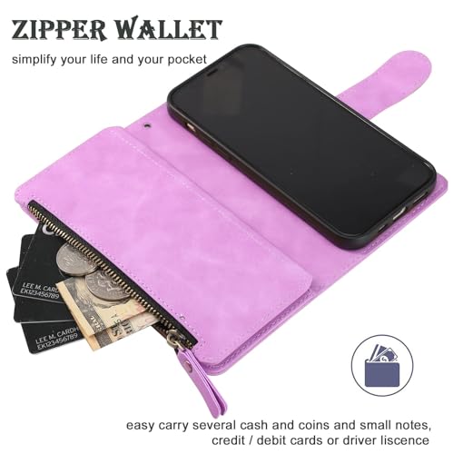 RANYOK Wallet Case Compatible with iPhone 13/14 (6.1 inch), Premium PU Leather Zipper Flip Folio Wallet RFID Blocking with Wrist Strap Magnetic Closure Built-in Kickstand Protective Case (Purple) - color: Purple