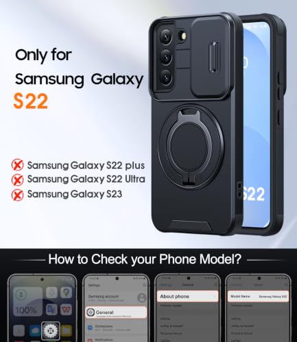 JAME for Samsung Galaxy S22 Case with Ring Stand & Slide Camera Cover Black - color: Black, size: Galaxy S22