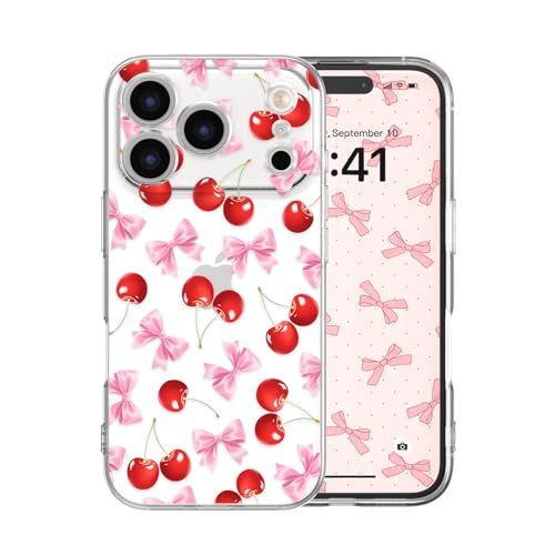 for iPhone 17 Pro Case, Cherries Bows | Cute Bow Cherry Aesthetic Clear Ribbon Pattern Women Girls, Girly Transparent Soft Slim TPU Shockproof Protective Cover - color: Cherries Bows, size: for iPhone 17 Pro