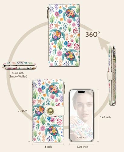 GIANCOMICS Sea Turtle Women Wallet RFID Blocking, Credit Card Holder Bifold | Billfold, Cute Cash Purse, Travel Zipper Coin Pocket, Compact Clutch, PU Leather, ID Window, 11 Card Slots, Ladies Gift Woman - color: Sea Turtles with Flowers