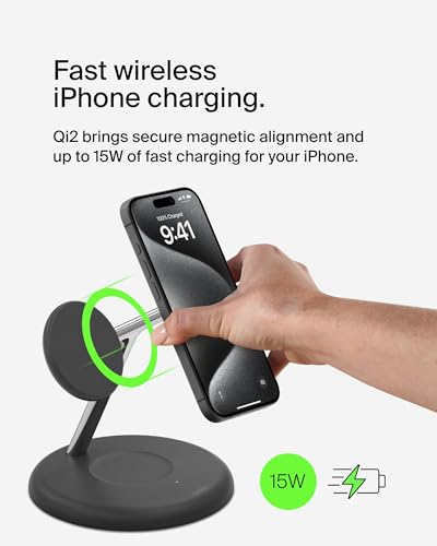 Belkin Qi2 15W Magnetic Wireless Charging Stand, 3 in 1 Fast Charger - color: Black