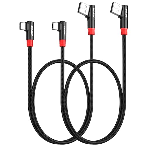 SUNGUY Right Angle USB C to A Cable 2Pack [1.5FT/0.5m] 3A Short 90 Degree USB 2.0 USB A to C Fast Charging Data Sync Cable Nylon Braided for iPhone 16 15 Pro/Pro Max/Plus, Samsung Galaxy S24/S23 - size: 1.5FT