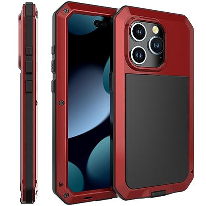 Compatiable with iPhone 15 Pro Case,360 Full Body Protective Cover Heavy Duty Shockproof Tough Armour Aluminum Alloy Metal Case with Silicone Built-in Screen Protector - Red - color: Red