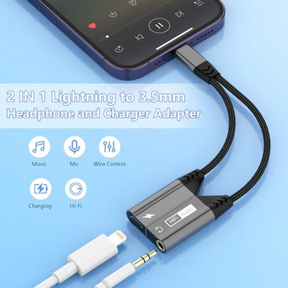 Magnetic 2-IN-1 Lightning to 3.5mm Audio Jack Headphone and Charge Cable Adapter for iPhone，【Apple MFi Certified】Earphone Converter Splitter Support Music+Charge+HiFi+Mic for iPhone 14 Pro/14 13 12 11