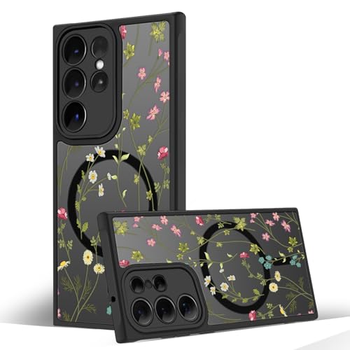 Magnetic Case for Samsung Galaxy S23 Ultra [Compatible with MagSafe] Black Flower Floral Case for Women Girls Soft TPU Bumper Hard PC Anti-Fall Shockproof Protective Slim Cover A8 - color: Flower Branch 1, size: Samsung Galaxy S23 Ultra