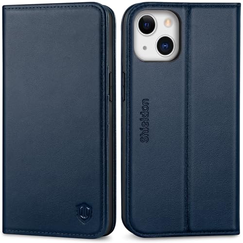 SHIELDON Genuine Leather Case Wallet for iPhone 13 6.1" 2021, Navy Blue | Magnetic Closure, RFID Blocking, Credit Card Slot, Kickstand, Flip Book Design, Shockproof Phone Cover - color: Navy Blue