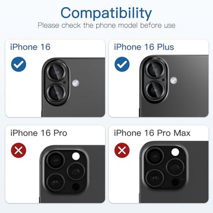 [2 Pack Camera Lens Protector for iPhone 16/16 Plus,9H Tempered Glass,Aviation Aluminum Plate Cover,Night Circle,No Bubble,HD Clarity,Case Friendly,Easy Installation-Black - size: for iPhone 16/16 Plus