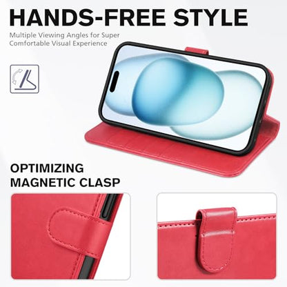 TUCCH Wallet Case for iPhone 15 (6.1") 2023, 4 Card Holders, Red | RFID Blocking, Viewing Stand, Shockproof TPU Shell, PU Leather, Magnetic Closure, Protective Folio Flip Cover - color: Red