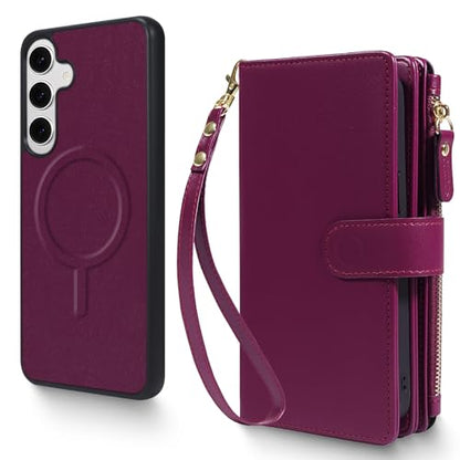 Magnetic Case for Galaxy S25 / S24 Wallet Compatible with Magsafe RFID Blocking Card Holder Detachable Phone Cover Kickstand Snap Strap Zipper Pocket PU Leather (Burgundy) - color: Burgundy, size: Galaxy S25 / S24