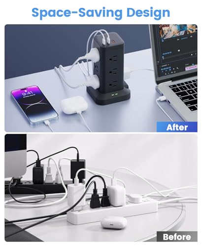 12AC 3USB Power Strip Tower Surge Protector 1800J, 8ft, Black, 1 - color: Black, size: 8ft