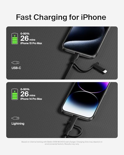 Belkin 2 in 1 USB C to USB C & Lightning Braided Cable 5ft Charger Cord - color: Black