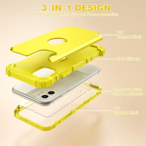IDweel for iPhone 11 Case with Screen Protector(Tempered Glass), Hybrid 3 in 1 Shockproof Slim Fit Heavy Duty Protection Hard PC Cover Soft Silicone Bumper Full Body Case,Yellow - color: Yellow