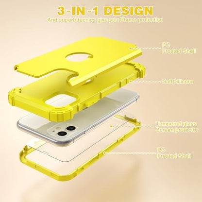 IDweel for iPhone 11 Case with Screen Protector(Tempered Glass), Hybrid 3 in 1 Shockproof Slim Fit Heavy Duty Protection Hard PC Cover Soft Silicone Bumper Full Body Case,Yellow - color: Yellow