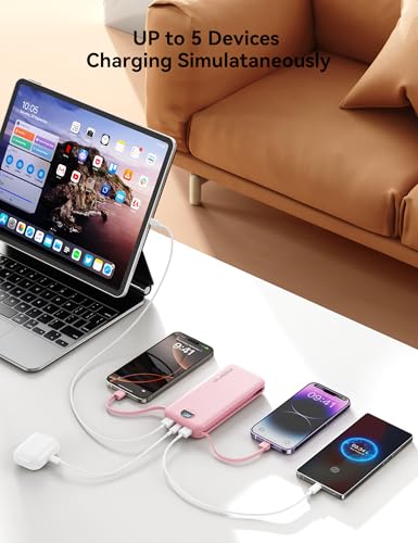 Portable Charger Power Bank 10000mAh with Built in Cables & Wall Plug - color: Light Pink