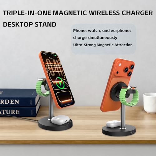 3-in-1 Magnetic Wireless Charger, 15W for iPhone/Watch/AirPods - color: black