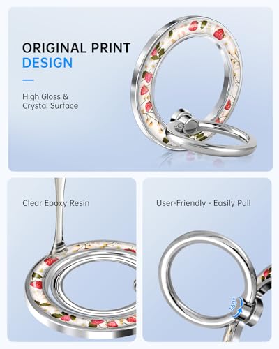 Magnetic Phone Ring Holder, Cute Cell Phone Grip, Strawberry - color: Strawberry Floral