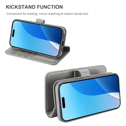 Bocasal Detachable Wallet Case Card Holder for iPhone 16 Pro Max Grey | RFID Blocking Kickstand Card Slots Holder PU Leather Magnetic Shockproof Wrist Strap Removable Flip Protective Cover 6.9 inch - color: Gray