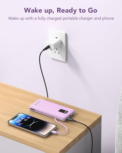 charmast Portable Charger Power Bank Built in Cables,10000mAh Battery Pack | with AC Wall Plug,LED Display & 5 Outputs,Travel Camping Essentials Slim External Phone Charger for iPhone,Samsung,Android - color: Purple