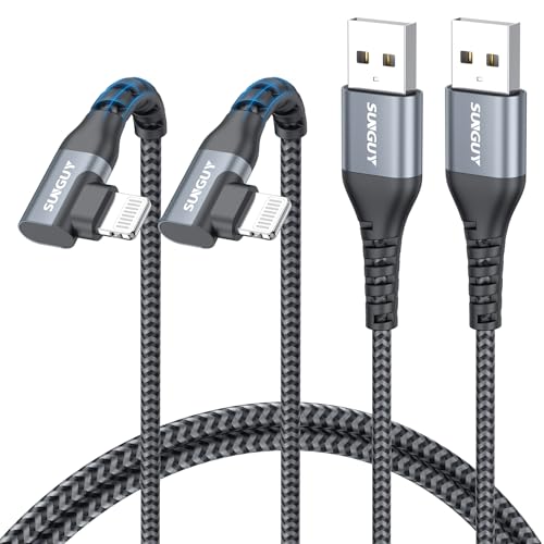 SUNGUY USB-A to Lightning Cable Right Angle 3.3FT 2-Pack, USB to Lightning iPhone Charger Cord 90 Degree Nylon Braided Compatible with iPhone 14/13/12/11 Pro Max Mini X XS XR 8 SE iPad9/mini - size: 3.3FT