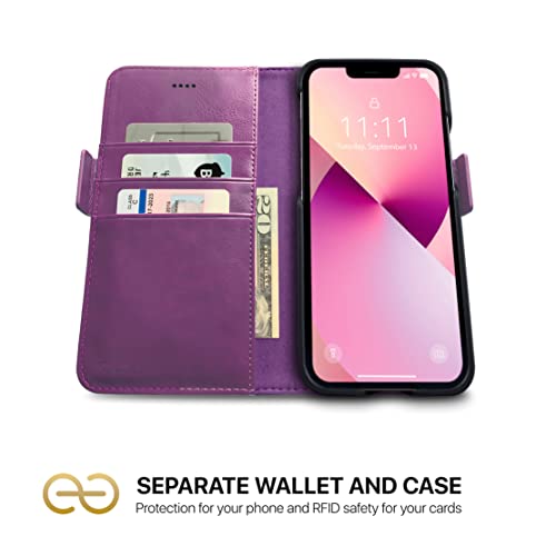 Dreem Vegan Leather Magnetic Detachable Wallet Case for iPhone 13 Purple | Built-in Phone Stand, RFID Blocking Card Holder Flip Cover, MagSafe Compatible, Gift Box [Fibonacci: Purple] - color: Purple, size: iPhone 13