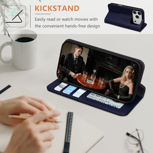 for iPhone 17 Pro 6.3" Wallet Case Card Holder Blue | Magsafe Compatible,RFID Blocking,Kickstand,Folio Cover,Genuine Leather - color: Blue, size: 6.3" iPhone 17 Pro