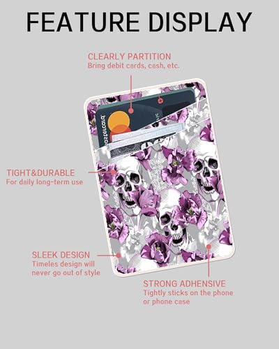 Dual Pocket Leather Phone Wallet Adhesive Stick On, Cute & Cool Skull Flower Card Holder - color: Cool Skull Flower