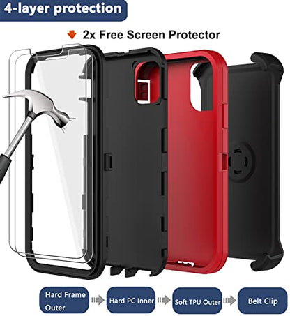 for iPhone 11 Case with Belt Clip Holster, 2 x Screen Protector, [Military Grade] Heavy Duty Full Body Shockproof Dust-Proof Drop Proof Rugged Protective Cover for Apple iPhone 11 Red - color: Red