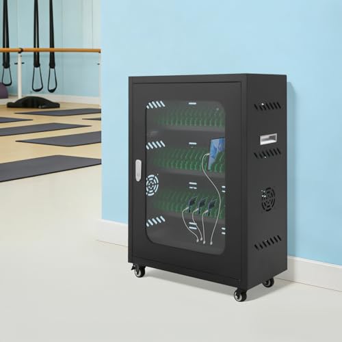 50 Device Cell Phone Charging Station, Rechargeable Cellphone Locker Storage Charging Station, Mobile Charging Cabinet for Cell Phone, USB Cell Phone Charging Cart with Lock - color: Black-50 Slots