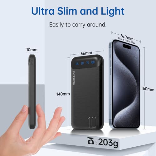 Power Bank 10000mAh Portable Charger Slim Battery Pack with 2 USB 2.4A Outputs and USB C In/Out Compatible with Huawei iPhone 16 15 14 13 12 iPad Samsung Galaxy S20 Android Tablet (Black + White) - color: Black + White
