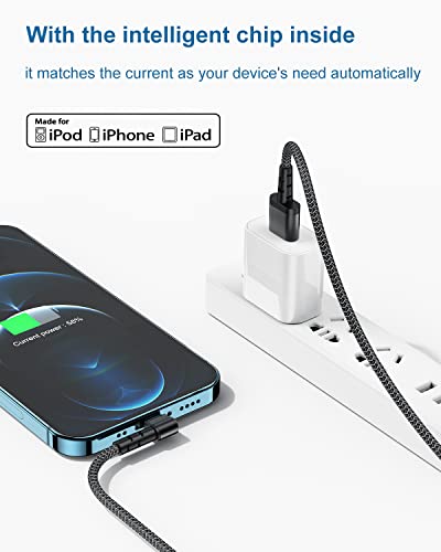 3Pack 90 Degree iPhone Charger 6ft, Nylon Right Angle 6 Foot Apple iPhone Charging Cable, Apple MFi Certified 6 Feet Lightning Cord Long for Apple iPhone 14 Pro Max/13 Pro/12/11/11Pro/11Max/XS/XR/8