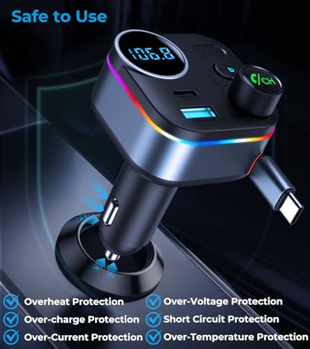 Bluetooth 5.4 FM Transmitter, 72W Car Charger with 45W Retractable USB-C PD
