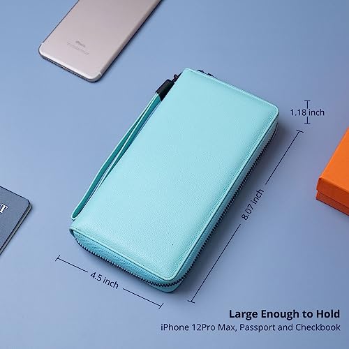 Bveyzi Women RFID Blocking Wallet Leather Zip Around Phone Clutch Large Capacity Ladies Travel Purse Wristlet - color: Light Blue
