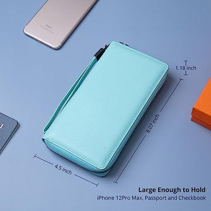Bveyzi Women RFID Blocking Wallet Leather Zip Around Phone Clutch Large Capacity Ladies Travel Purse Wristlet - color: Light Blue