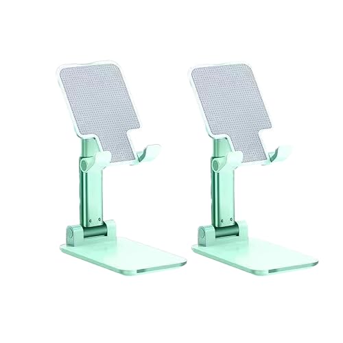 2 Pack Cell Phone Stand for Desk,Fully Foldable,Portable,Phone Holder with Silicon Pad,Angle Height Adjustable,Metal Weighted for Base,Compatible with All Mobile Phones(Green & Green) - color: Green & Green
