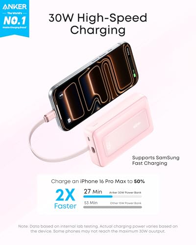 Anker Power Bank,10,000mAh 30W with USB-C Travel Essential Portable Charger - color: Pink, size: 10000 MAh