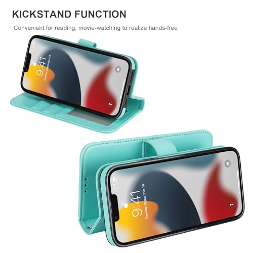 Bocasal Detachable Wallet Case Card Holder for iPhone 13 Pro Max Light Blue | RFID Blocking Kickstand Card Slots Holder PU Leather Magnetic Shockproof Wrist Strap Removable Flip Protective Cover 6.7 inch - color: Light Blue