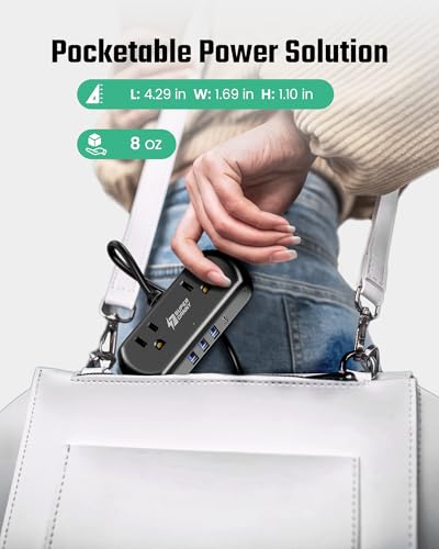 SUPERDANNY Mini Surge Protector, 2 Wide-Spaced Outlets Power Strip with USB - color: Black, size: 9.8ft