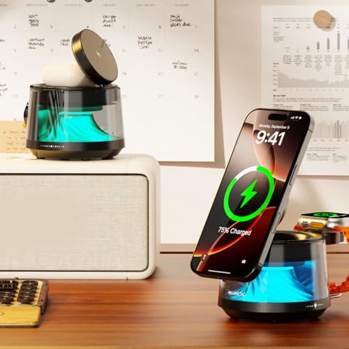 Zunate 3 in 1 Magnetic Charging Station for Phone, Earbuds and Watch, 15W Wireless Charger with Night Light and Wireless Bluetooth Speaker, Portable Charger for Home and Travel