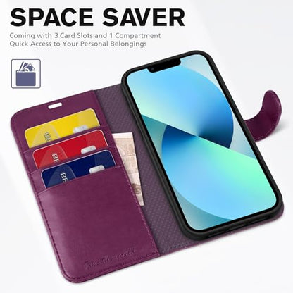 TUCCH Wallet Case for iPhone 13 (6.1") 2021, 3 Card Holders, Plum Purple | RFID Blocking, Viewing Stand, Shockproof TPU Shell, PU Leather, Magnetic Closure, Protective Folio Flip Cover - color: Plum Purple