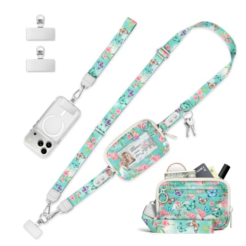 Clip and Go Strap for Phone with Wallet Crossbody Lanyard Blue - color: Butterfly Flowers