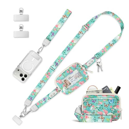 Clip and Go Strap for Phone with Wallet Crossbody Lanyard Blue - color: Butterfly Flowers