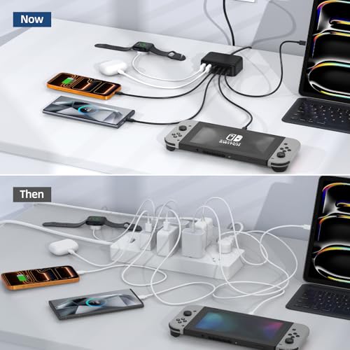 100W 6 in 1 USB Charger, 50% Smaller Charging Station for Multiple Devices - color: B-Black
