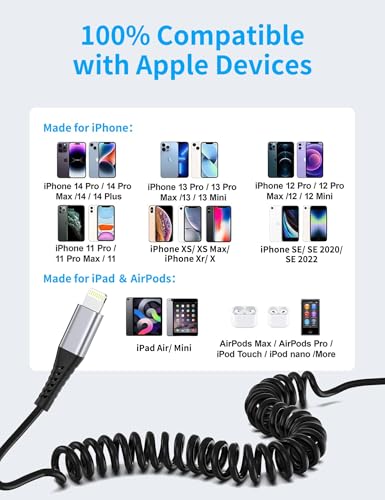 Coiled USB A to Lightning Cable for Car, 2 Pack iPhone Charger Cable 3FT - style: Coiled USB-A to Lightning