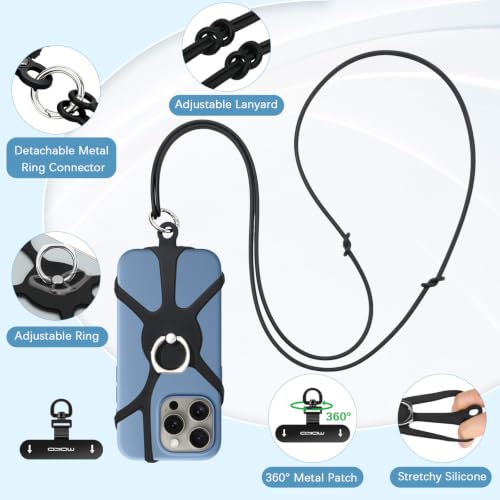 MoKo Phone Crossbody Lanyard - Adjustable Neck Strap with Phone Ring Grip - color: Black, size: 80-120cm