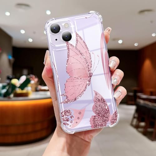 Clear Case Compatible with iPhone 13, Cute Butterfly Print Protective Cover for Girls Women, Slim Soft TPU Four Corners Shockproof Case for iPhone 13 - Dark Pink Butterfly - color: Dark Pink Butterfly, size: iPhone 13