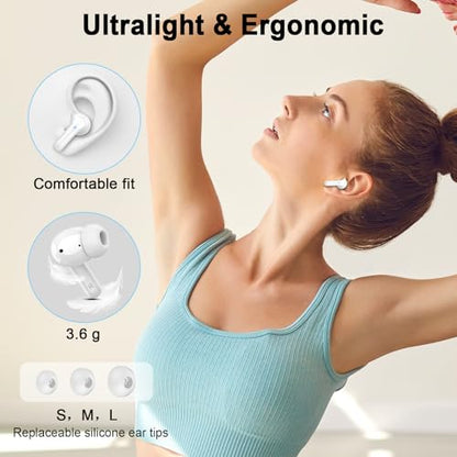 Bluetooth 5.4 Earbuds, 2026 Bass-3.0 Wireless Headphones 3D-Stereo Ear Buds, 4 ENC Noise Cancelling Mic, 40+Hrs USB-C in-Ear Earphones, IP-X7 Waterproof Sport Workout Gym for Laptop Pad Android iOS - color: B-White PRO